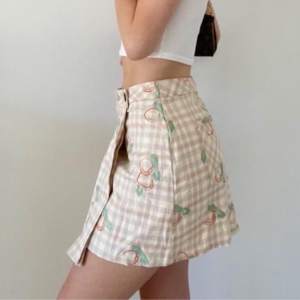 Urban Outfitters Plaid Embroidered Peach Print Wrap Pleated Skirt Size Small - Picture 4 of 11